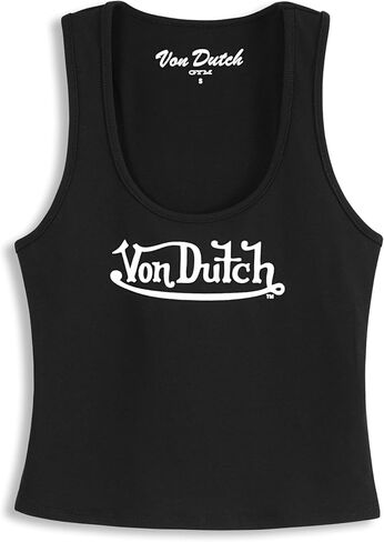 قميص Von Dutch النسائي النشط بدون أكمام، قميص للتمرين برقبة واسعة وبدون أكمام مع رسم الشعار in Kuwait
