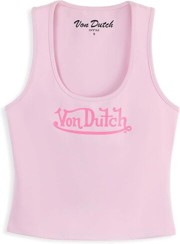 قميص Von Dutch النسائي النشط بدون أكمام، قميص للتمرين برقبة واسعة وبدون أكمام مع رسم الشعار in Kuwait