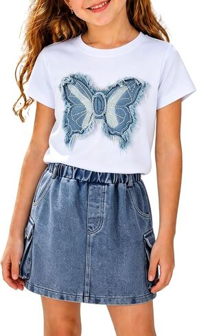 Azmxynol Girls Clothes Toddler Little Girl 2 Piece Summer Outfit T Shirt with 3D Embroidery + Denim Skirt Set, Size 4-8 Years in Kuwait