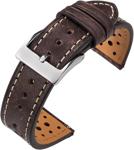 TACTICAL FROG Leather Watch Band for Men, Waxed-look Brown Rally-Style Watch Strap, 18mm 20mm 22mm Perforated Replacement Strap, Vintage Leather Strap for Chronograph Field Watches in Kuwait