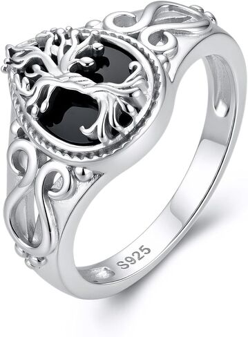 Black Tourmaline Ring S925 Sterling Silver Tree of Life Rings Black Onyx Rings Healing Jewelry Spiritual Protection Gifts for Women Mom Grandmother Friends in Kuwait