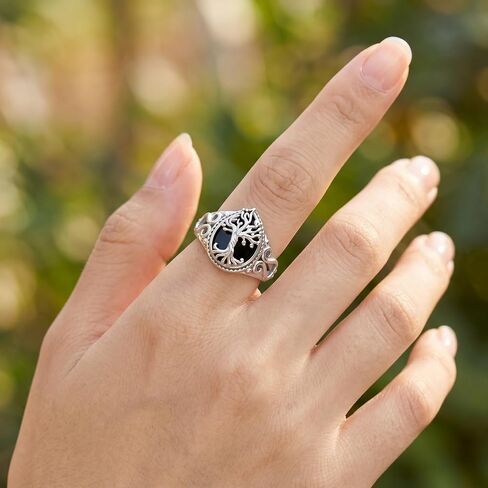 Black Tourmaline Ring S925 Sterling Silver Tree of Life Rings Black Onyx Rings Healing Jewelry Spiritual Protection Gifts for Women Mom Grandmother Friends in Kuwait