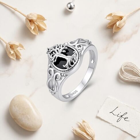 Black Tourmaline Ring S925 Sterling Silver Tree of Life Rings Black Onyx Rings Healing Jewelry Spiritual Protection Gifts for Women Mom Grandmother Friends in Kuwait
