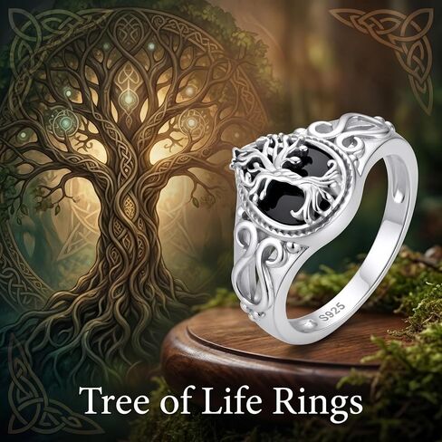 Black Tourmaline Ring S925 Sterling Silver Tree of Life Rings Black Onyx Rings Healing Jewelry Spiritual Protection Gifts for Women Mom Grandmother Friends in Kuwait