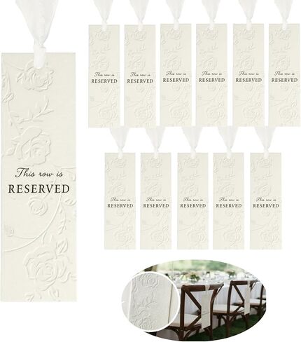 12 Pack Wedding Reserved Signs for Church Pews with Ribbons for Chairs, 800gsm Thick Hand-Embossed Rose Cardstock, Elegant Decor for VIP Guests, Family & Table Settings at Outdoor Garden Ceremony in Saudi Arabia