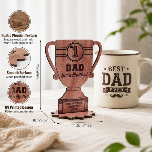Happy Fathers Day Table Decorations, Wooden Father's Day Trophy Sign, Dad Plaque Indoor Tabletop Tiered Tray Office Desk Shelf Rustic Farmhouse Home Decor Papa Birthday Gifts in Saudi Arabia