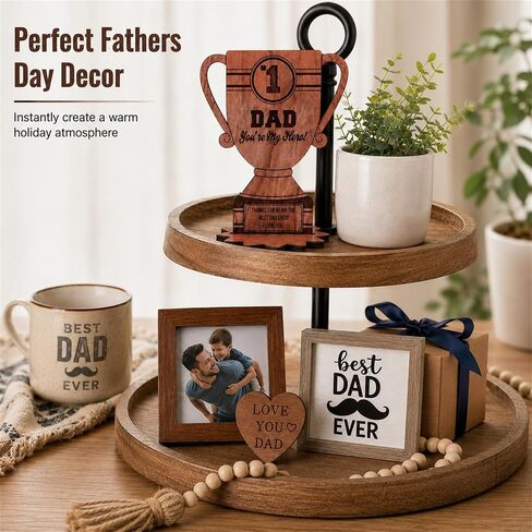 Happy Fathers Day Table Decorations, Wooden Father's Day Trophy Sign, Dad Plaque Indoor Tabletop Tiered Tray Office Desk Shelf Rustic Farmhouse Home Decor Papa Birthday Gifts in Saudi Arabia