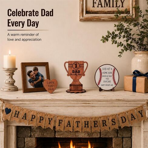 Happy Fathers Day Table Decorations, Wooden Father's Day Trophy Sign, Dad Plaque Indoor Tabletop Tiered Tray Office Desk Shelf Rustic Farmhouse Home Decor Papa Birthday Gifts in Saudi Arabia
