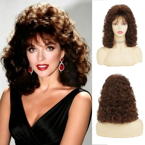 Tseses Brown Curly Wig for Women Shoulder Length 70s 80s Wigs With Bangs Cosplay Halloween Party Hair Wigs in Saudi Arabia