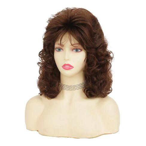 Tseses Brown Curly Wig for Women Shoulder Length 70s 80s Wigs With Bangs Cosplay Halloween Party Hair Wigs in Saudi Arabia