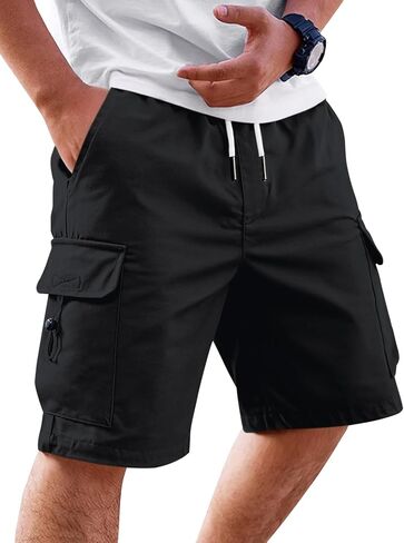 Runcati Mens Cargo Shorts Elastic Waist Drawstring Casual Work Shorts Summer Hiking Outdoor Shorts with 4 Pockets in Kuwait