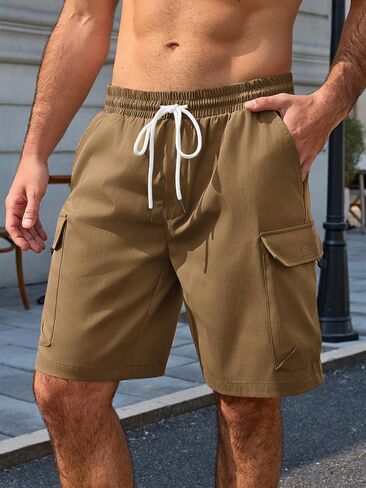 Runcati Mens Cargo Shorts Elastic Waist Drawstring Casual Work Shorts Summer Hiking Outdoor Shorts with 4 Pockets in Kuwait