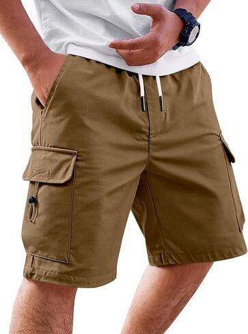 Runcati Mens Cargo Shorts Elastic Waist Drawstring Casual Work Shorts Summer Hiking Outdoor Shorts with 4 Pockets in Kuwait