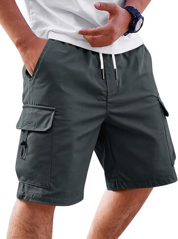 Runcati Mens Cargo Shorts Elastic Waist Drawstring Casual Work Shorts Summer Hiking Outdoor Shorts with 4 Pockets in Kuwait