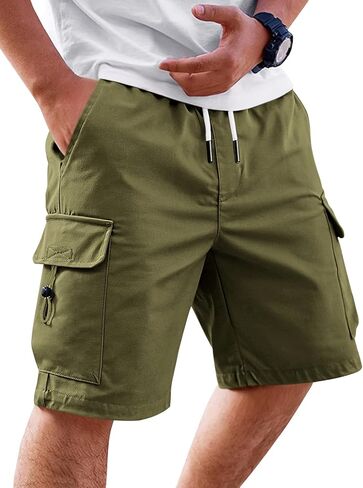 Runcati Mens Cargo Shorts Elastic Waist Drawstring Casual Work Shorts Summer Hiking Outdoor Shorts with 4 Pockets in Kuwait