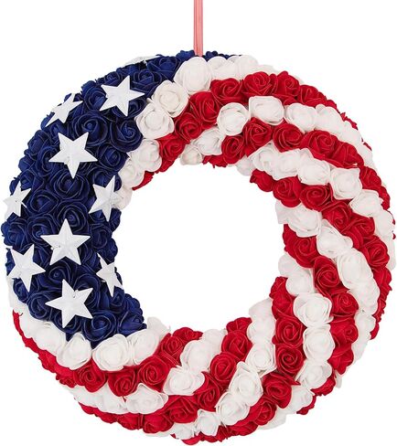 13.3 Inch Patriotic Roses Wreath for Front Door, 4th of July Memorial Day Handcrafted 3-Layer Foam Flower Wreath,USA 250th Anniversary Red White Blue Americana Decor Indoor Outdoor Home Porch in Kuwait