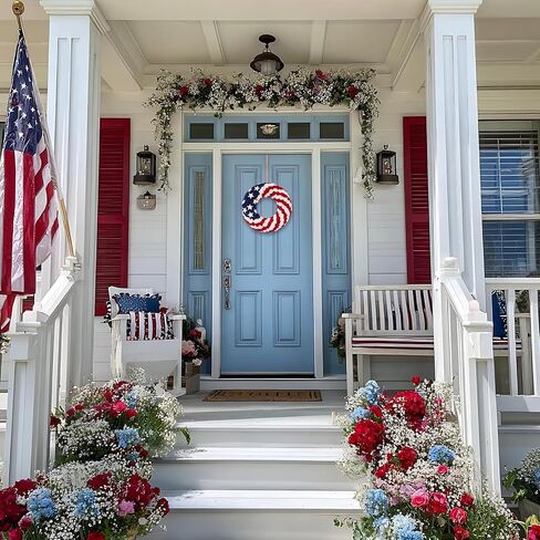 13.3 Inch Patriotic Roses Wreath for Front Door, 4th of July Memorial Day Handcrafted 3-Layer Foam Flower Wreath,USA 250th Anniversary Red White Blue Americana Decor Indoor Outdoor Home Porch in Kuwait