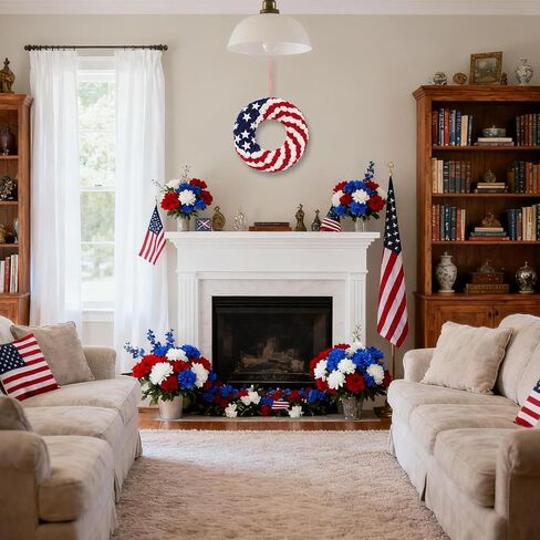 13.3 Inch Patriotic Roses Wreath for Front Door, 4th of July Memorial Day Handcrafted 3-Layer Foam Flower Wreath,USA 250th Anniversary Red White Blue Americana Decor Indoor Outdoor Home Porch in Kuwait