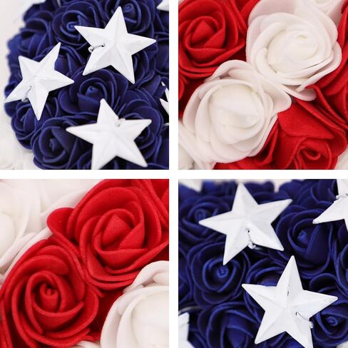 13.3 Inch Patriotic Roses Wreath for Front Door, 4th of July Memorial Day Handcrafted 3-Layer Foam Flower Wreath,USA 250th Anniversary Red White Blue Americana Decor Indoor Outdoor Home Porch in Kuwait