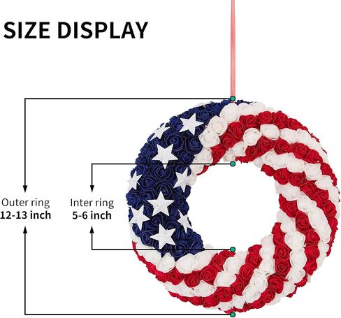 13.3 Inch Patriotic Roses Wreath for Front Door, 4th of July Memorial Day Handcrafted 3-Layer Foam Flower Wreath,USA 250th Anniversary Red White Blue Americana Decor Indoor Outdoor Home Porch in Kuwait