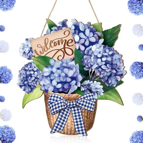 Barydat Summer Door Decorations Blue Hydrangea Wreaths Sign Flowers Floral Door Hanger Rustic Wooden Welcome Hanging Wreath Decorations for Summer Front Indoor Home Porch Wall Windows in Kuwait