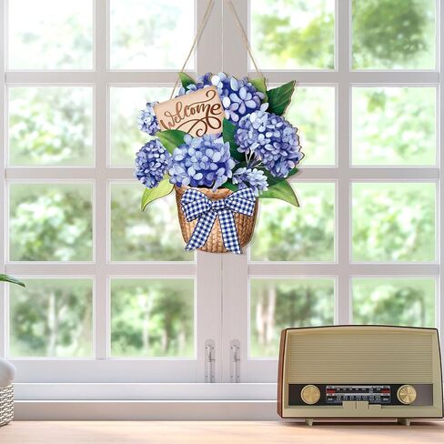 Barydat Summer Door Decorations Blue Hydrangea Wreaths Sign Flowers Floral Door Hanger Rustic Wooden Welcome Hanging Wreath Decorations for Summer Front Indoor Home Porch Wall Windows in Kuwait