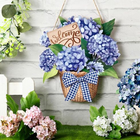 Barydat Summer Door Decorations Blue Hydrangea Wreaths Sign Flowers Floral Door Hanger Rustic Wooden Welcome Hanging Wreath Decorations for Summer Front Indoor Home Porch Wall Windows in Kuwait