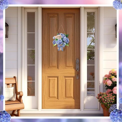Barydat Summer Door Decorations Blue Hydrangea Wreaths Sign Flowers Floral Door Hanger Rustic Wooden Welcome Hanging Wreath Decorations for Summer Front Indoor Home Porch Wall Windows in Kuwait