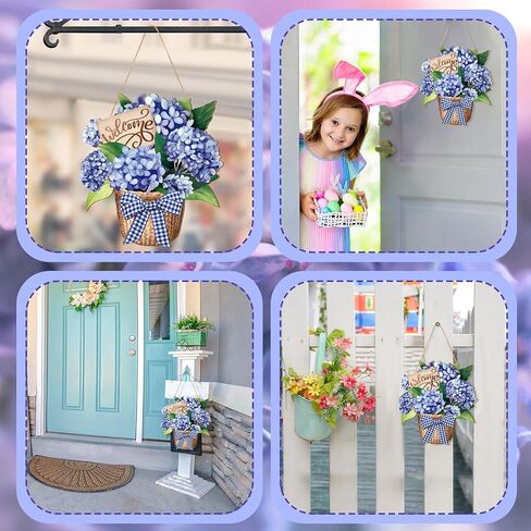 Barydat Summer Door Decorations Blue Hydrangea Wreaths Sign Flowers Floral Door Hanger Rustic Wooden Welcome Hanging Wreath Decorations for Summer Front Indoor Home Porch Wall Windows in Kuwait