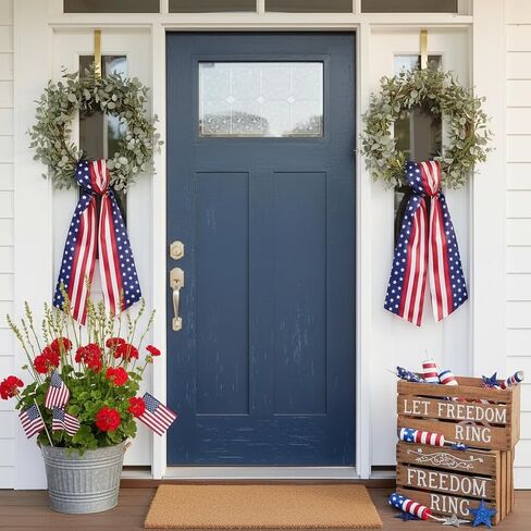 Yuubin 2 Pcs 4th of July Wreath Sash Patriotic Wreaths for Front Door Embroidery Monogram Garland Red Blue Patriotic Ribbon Accessories Yard Doorway Outdoor Indoor Party Wall Decorations in Saudi Arabia