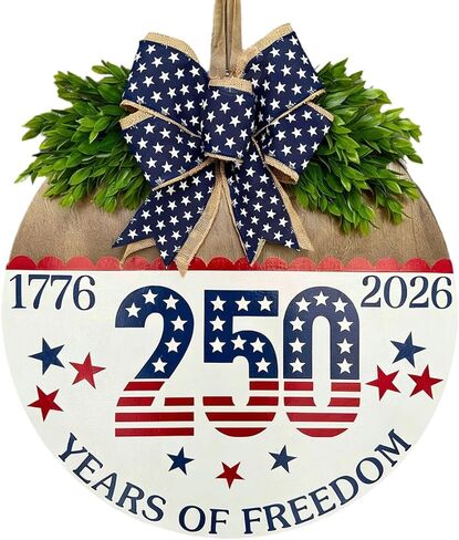 250 Anniversary 4th of July Wreaths,Wooden Door Sign for Front Door with Bow Rustic Patriotic Independence Door Decorations Hanging for Holiday Farmhouse Home Office Shop Window in Kuwait