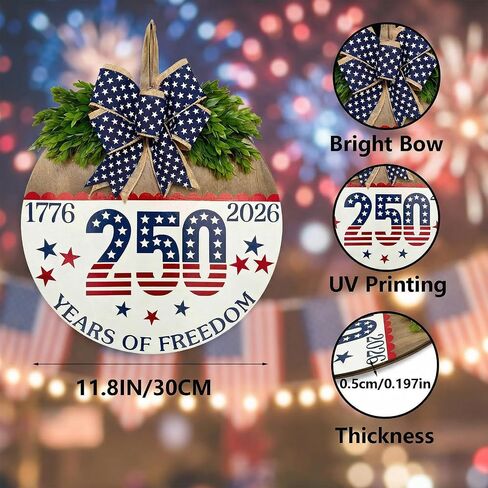 250 Anniversary 4th of July Wreaths,Wooden Door Sign for Front Door with Bow Rustic Patriotic Independence Door Decorations Hanging for Holiday Farmhouse Home Office Shop Window in Kuwait