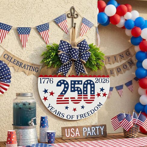 250 Anniversary 4th of July Wreaths,Wooden Door Sign for Front Door with Bow Rustic Patriotic Independence Door Decorations Hanging for Holiday Farmhouse Home Office Shop Window in Kuwait