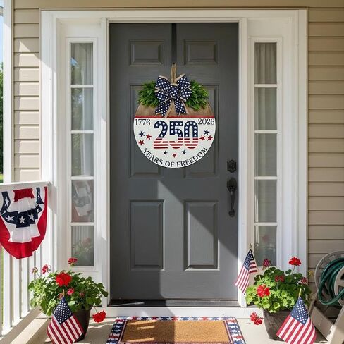 250 Anniversary 4th of July Wreaths,Wooden Door Sign for Front Door with Bow Rustic Patriotic Independence Door Decorations Hanging for Holiday Farmhouse Home Office Shop Window in Kuwait