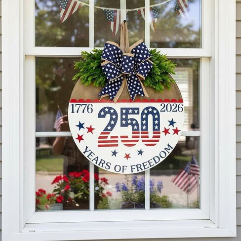 250 Anniversary 4th of July Wreaths,Wooden Door Sign for Front Door with Bow Rustic Patriotic Independence Door Decorations Hanging for Holiday Farmhouse Home Office Shop Window in Kuwait