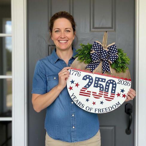 250 Anniversary 4th of July Wreaths,Wooden Door Sign for Front Door with Bow Rustic Patriotic Independence Door Decorations Hanging for Holiday Farmhouse Home Office Shop Window in Kuwait
