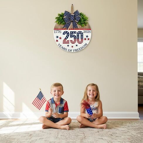 250 Anniversary 4th of July Wreaths,Wooden Door Sign for Front Door with Bow Rustic Patriotic Independence Door Decorations Hanging for Holiday Farmhouse Home Office Shop Window in Kuwait