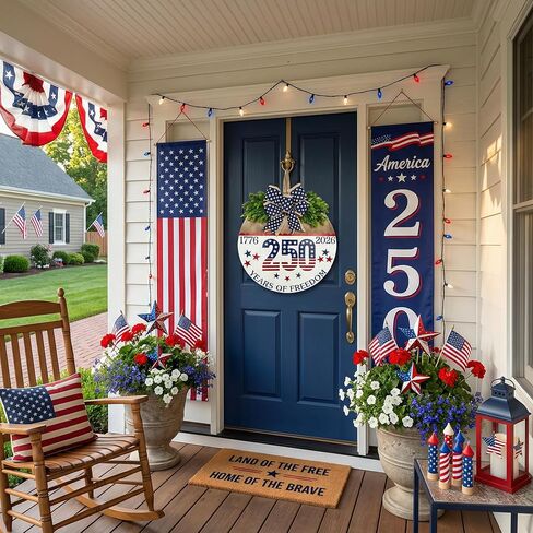 250 Anniversary 4th of July Wreaths,Wooden Door Sign for Front Door with Bow Rustic Patriotic Independence Door Decorations Hanging for Holiday Farmhouse Home Office Shop Window in Kuwait