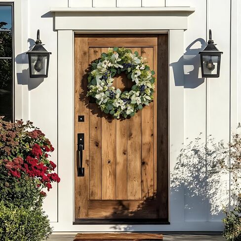 22 Inch Wreaths for Front Door, Green Spring Summer Wreath with Faux Lamb's Ear, Eucalyptus Leaves, White & Blue Berries, and Blossoms – All-Season Porch, Wall, Home, Farmhouse Decor in Saudi Arabia