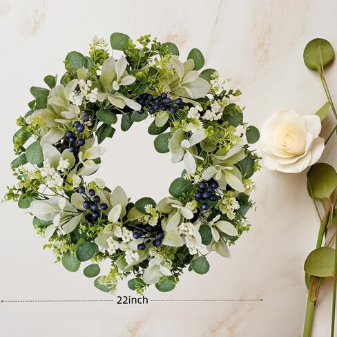 22 Inch Wreaths for Front Door, Green Spring Summer Wreath with Faux Lamb's Ear, Eucalyptus Leaves, White & Blue Berries, and Blossoms – All-Season Porch, Wall, Home, Farmhouse Decor in Saudi Arabia