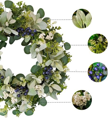 22 Inch Wreaths for Front Door, Green Spring Summer Wreath with Faux Lamb's Ear, Eucalyptus Leaves, White & Blue Berries, and Blossoms – All-Season Porch, Wall, Home, Farmhouse Decor in Saudi Arabia