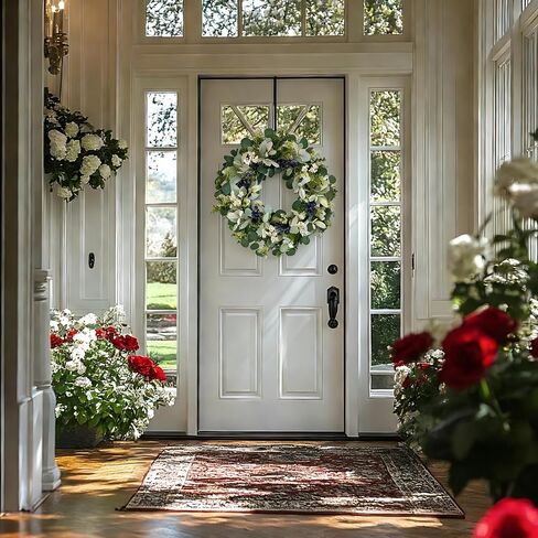 22 Inch Wreaths for Front Door, Green Spring Summer Wreath with Faux Lamb's Ear, Eucalyptus Leaves, White & Blue Berries, and Blossoms – All-Season Porch, Wall, Home, Farmhouse Decor in Saudi Arabia