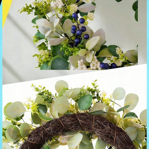 22 Inch Wreaths for Front Door, Green Spring Summer Wreath with Faux Lamb's Ear, Eucalyptus Leaves, White & Blue Berries, and Blossoms – All-Season Porch, Wall, Home, Farmhouse Decor in Saudi Arabia