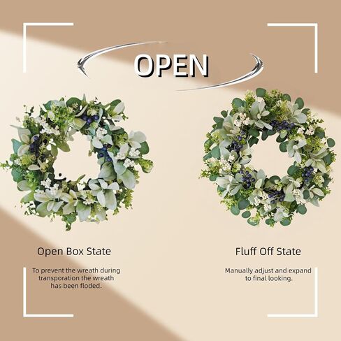 22 Inch Wreaths for Front Door, Green Spring Summer Wreath with Faux Lamb's Ear, Eucalyptus Leaves, White & Blue Berries, and Blossoms – All-Season Porch, Wall, Home, Farmhouse Decor in Saudi Arabia