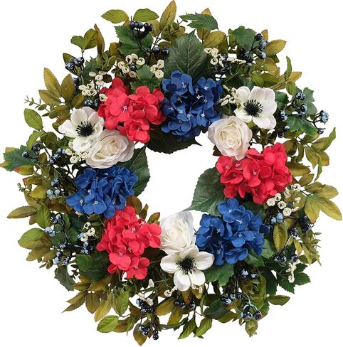 Idyllic 24 Inch Patriotic Wreath, Red White Blue Wreath Artificial Floral American Wreath for Front Door, 4th of July Decorations, Memorial Day USA Wreath for Wall Window Porch Home Decor in Saudi Arabia
