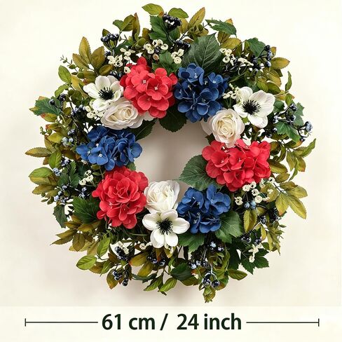 Idyllic 24 Inch Patriotic Wreath, Red White Blue Wreath Artificial Floral American Wreath for Front Door, 4th of July Decorations, Memorial Day USA Wreath for Wall Window Porch Home Decor in Saudi Arabia