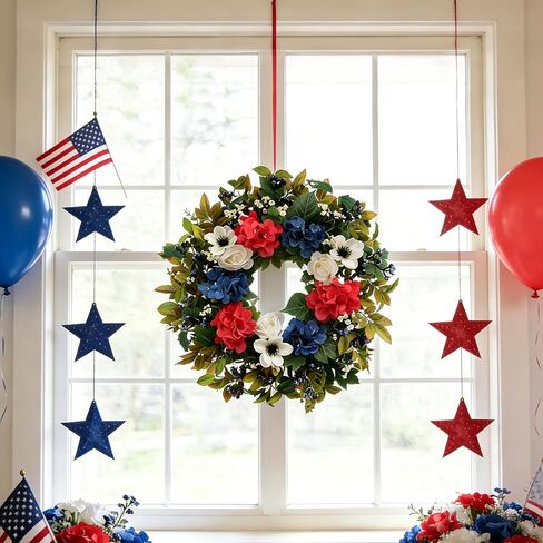 Idyllic 24 Inch Patriotic Wreath, Red White Blue Wreath Artificial Floral American Wreath for Front Door, 4th of July Decorations, Memorial Day USA Wreath for Wall Window Porch Home Decor in Saudi Arabia
