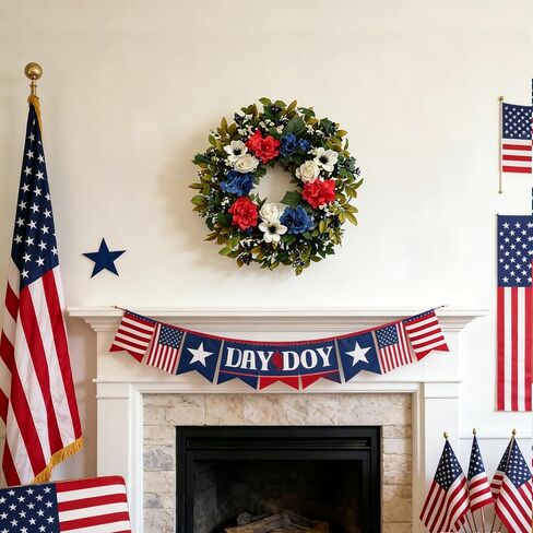 Idyllic 24 Inch Patriotic Wreath, Red White Blue Wreath Artificial Floral American Wreath for Front Door, 4th of July Decorations, Memorial Day USA Wreath for Wall Window Porch Home Decor in Saudi Arabia