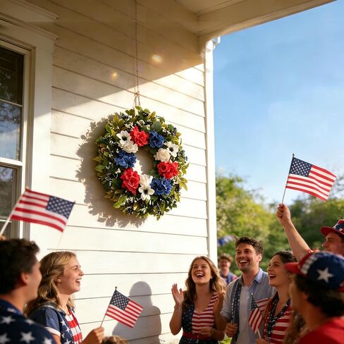 Idyllic 24 Inch Patriotic Wreath, Red White Blue Wreath Artificial Floral American Wreath for Front Door, 4th of July Decorations, Memorial Day USA Wreath for Wall Window Porch Home Decor in Saudi Arabia