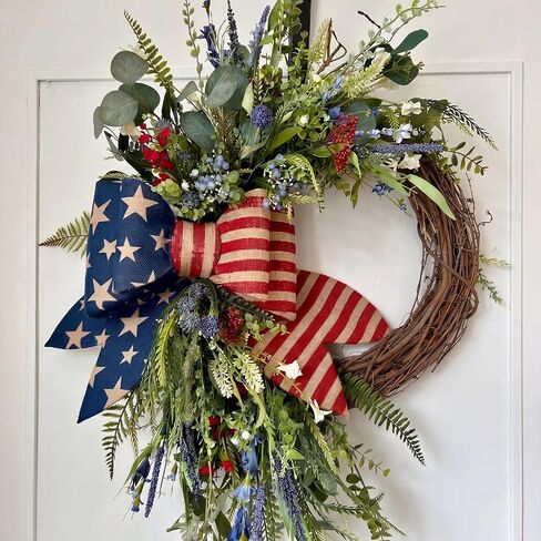 Suncalla Patriotic Wreath for Front Door Red White Blue Flowers Outdoor 250th Anniversary 4th of July American Flag Bow Wreath for Independence Day Memorial Day Inside Outside Home Decor in Kuwait